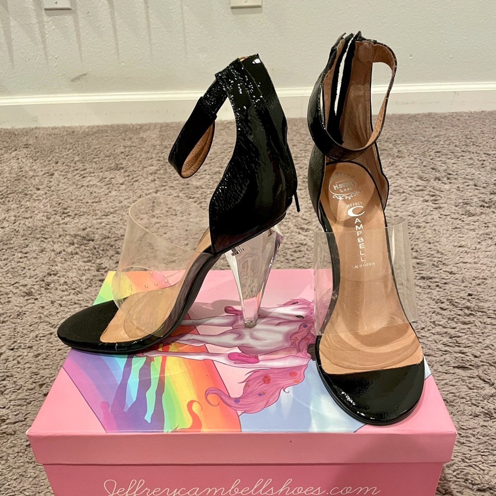 Jeffrey Campbell Black Patent and Clear PVC Ankle-Strap Heels